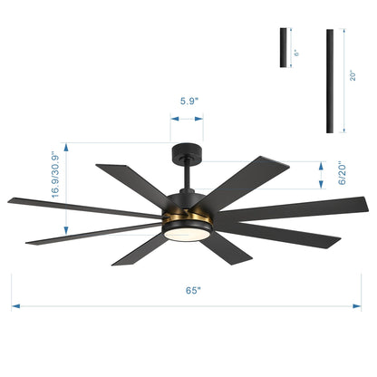 Ventilateur de plafond à LED noir à 8 pales de 65 pouces avec lumière et télécommande