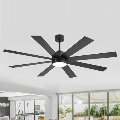 Ventilateur de plafond à LED noir à 8 pales de 65 pouces avec lumière et télécommande