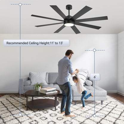 Ventilateur de plafond à LED noir à 8 pales de 65 pouces avec lumière et télécommande