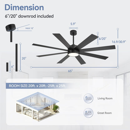 Ventilateur de plafond à LED noir à 8 pales de 65 pouces avec lumière et télécommande
