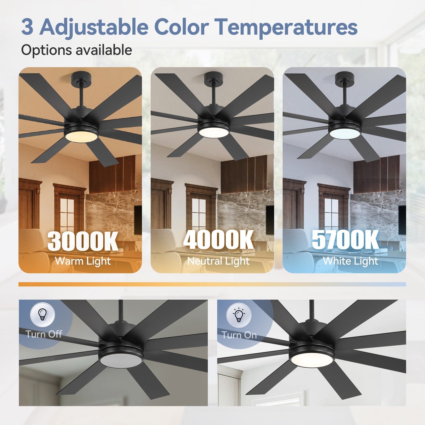 Ventilateur de plafond à LED noir à 8 pales de 65 pouces avec lumière et télécommande