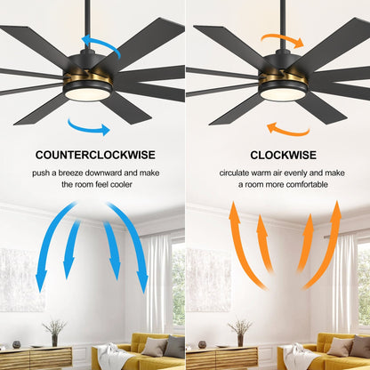 Ventilateur de plafond à LED noir à 8 pales de 65 pouces avec lumière et télécommande