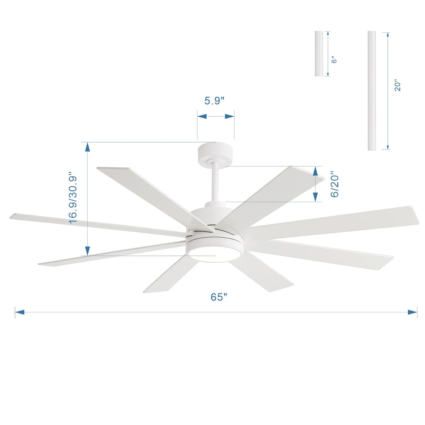 Ventilateur de plafond à LED noir à 8 pales de 65 pouces avec lumière et télécommande