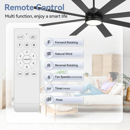 Ventilateur de plafond à LED noir à 8 pales de 65 pouces avec lumière et télécommande