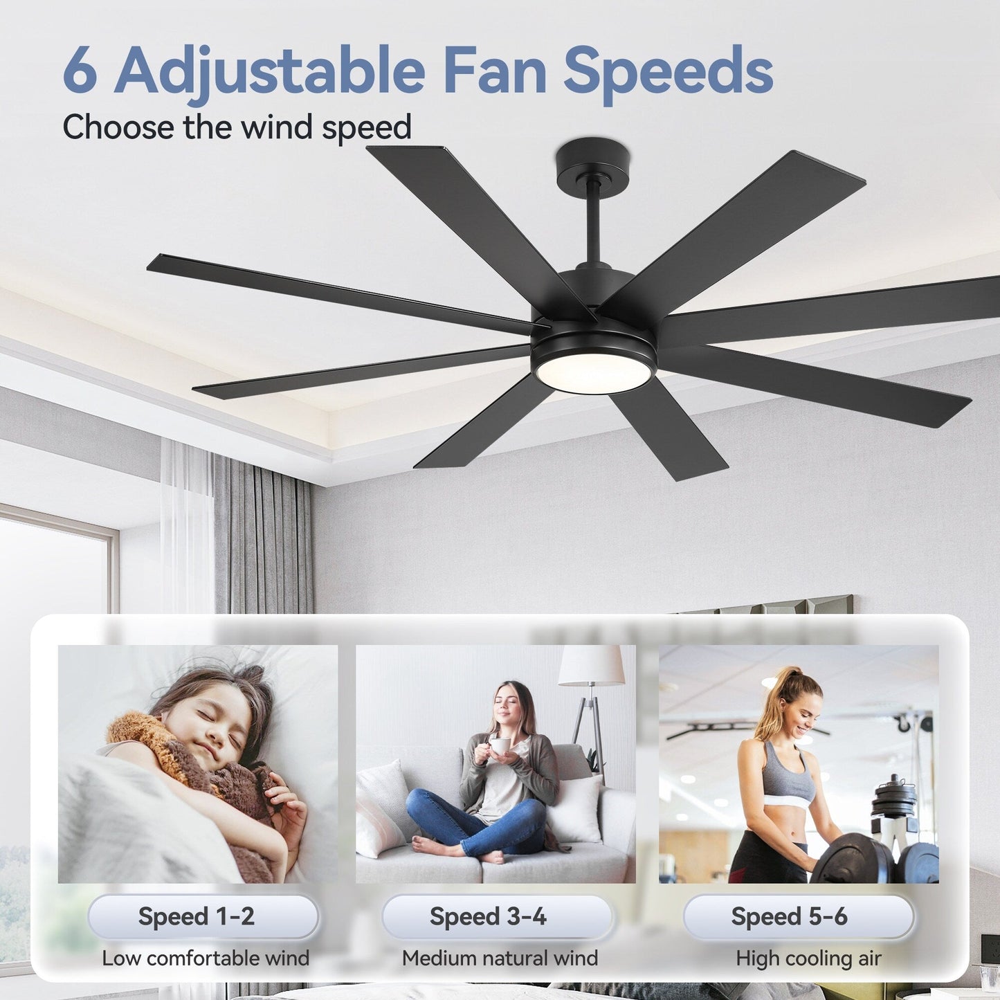 Ventilateur de plafond à LED noir à 8 pales de 65 pouces avec lumière et télécommande