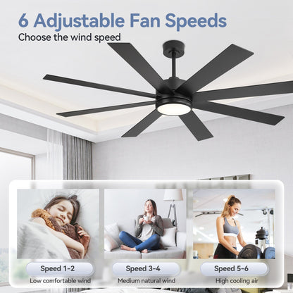 Ventilateur de plafond à LED noir à 8 pales de 65 pouces avec lumière et télécommande