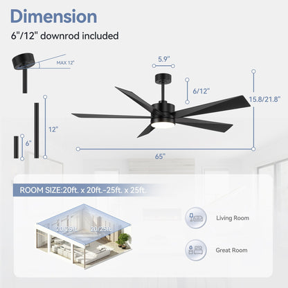 Ventilateur de plafond Breezary à 5 pales LED 65/52/42 avec kit d'éclairage et télécommande