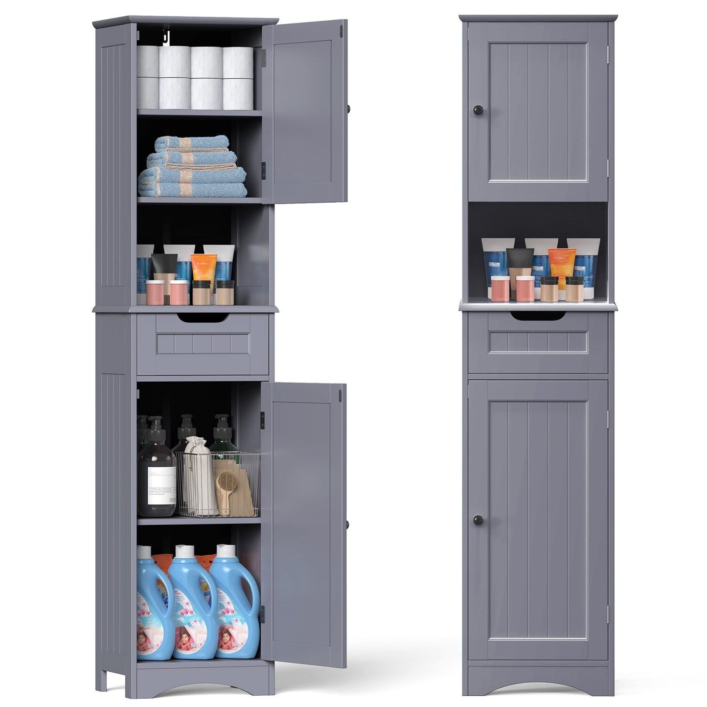 Armoire à linge étroite pour salle de bain, 170 cm de hauteur, armoire de rangement à 5 niveaux en bois massif, modèle autoportant.