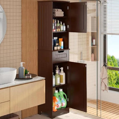 Armoire à linge étroite pour salle de bain, 170 cm de hauteur, armoire de rangement à 5 niveaux en bois massif, modèle autoportant.
