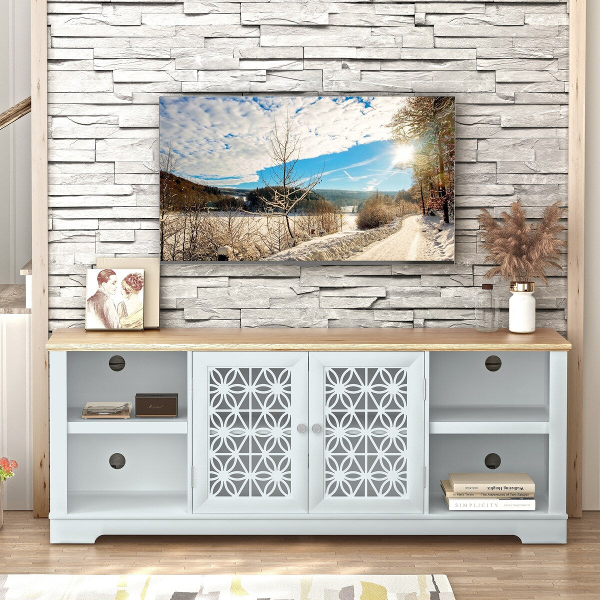 Meuble TV décoratif à motif floral rustique de 70 pouces pour téléviseurs jusqu'à 80 pouces