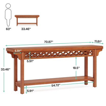 Table console longue de 179,5 cm en bois massif style farmhouse, à utiliser comme table de canapé.