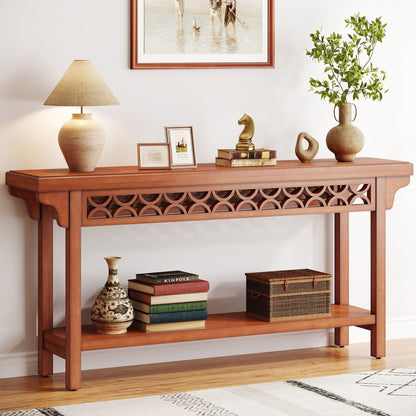 Table console longue de 179,5 cm en bois massif style farmhouse, à utiliser comme table de canapé.