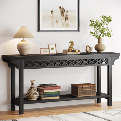 Table console longue de 179,5 cm en bois massif style farmhouse, à utiliser comme table de canapé.