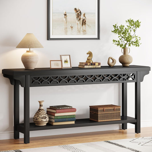 Table console longue de 179,5 cm en bois massif style farmhouse, à utiliser comme table de canapé.