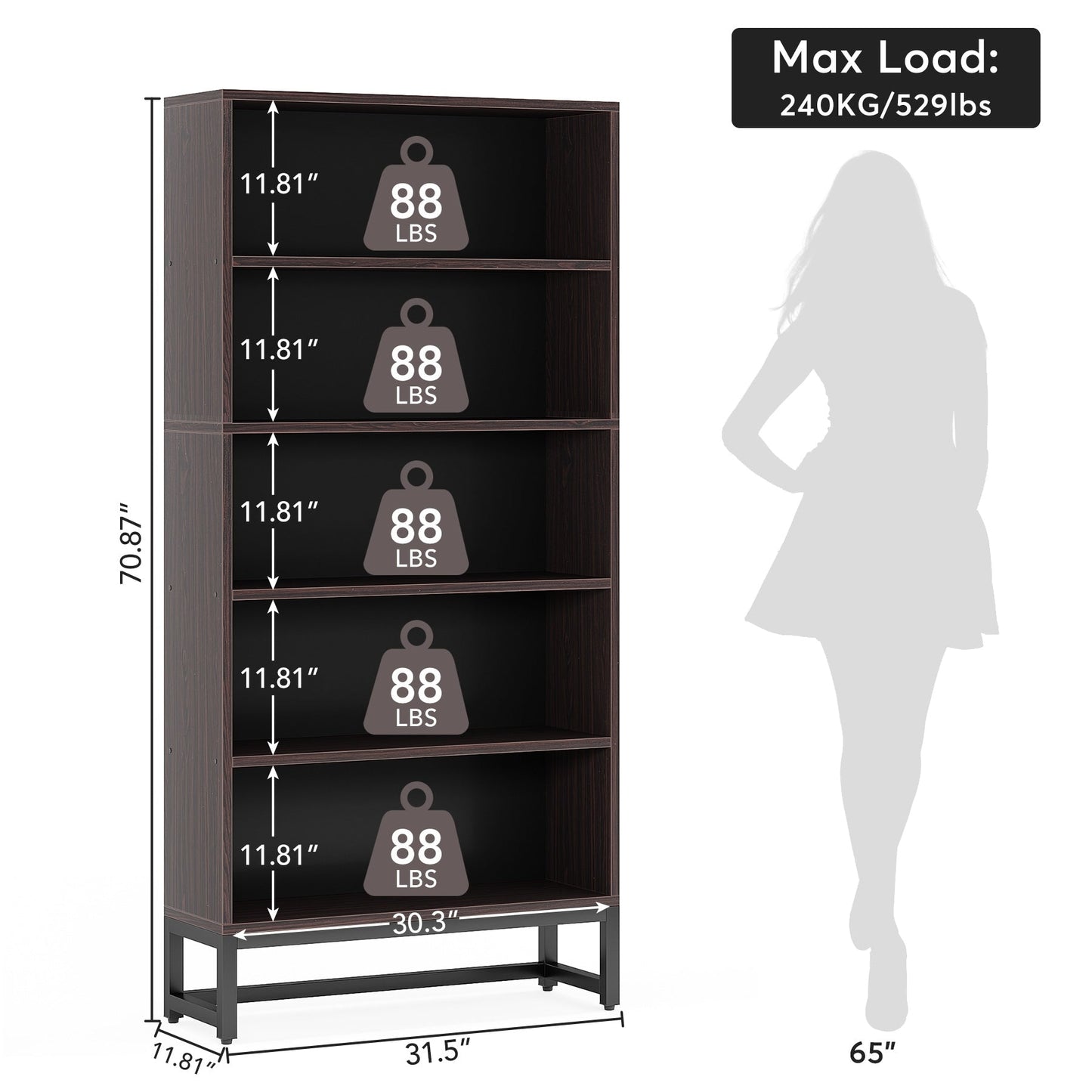 Étagère à livres et bibliothèque de 180 cm de hauteur, grande bibliothèque à 5 niveaux - 30 x 80 x 180 cm (L x l x h)
