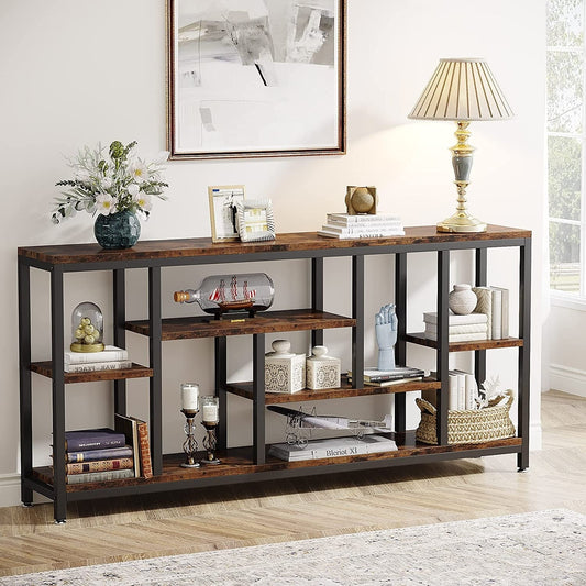 Table console de 180 cm pour canapé avec rangement, table d'entrée à 3 niveaux pour couloir
