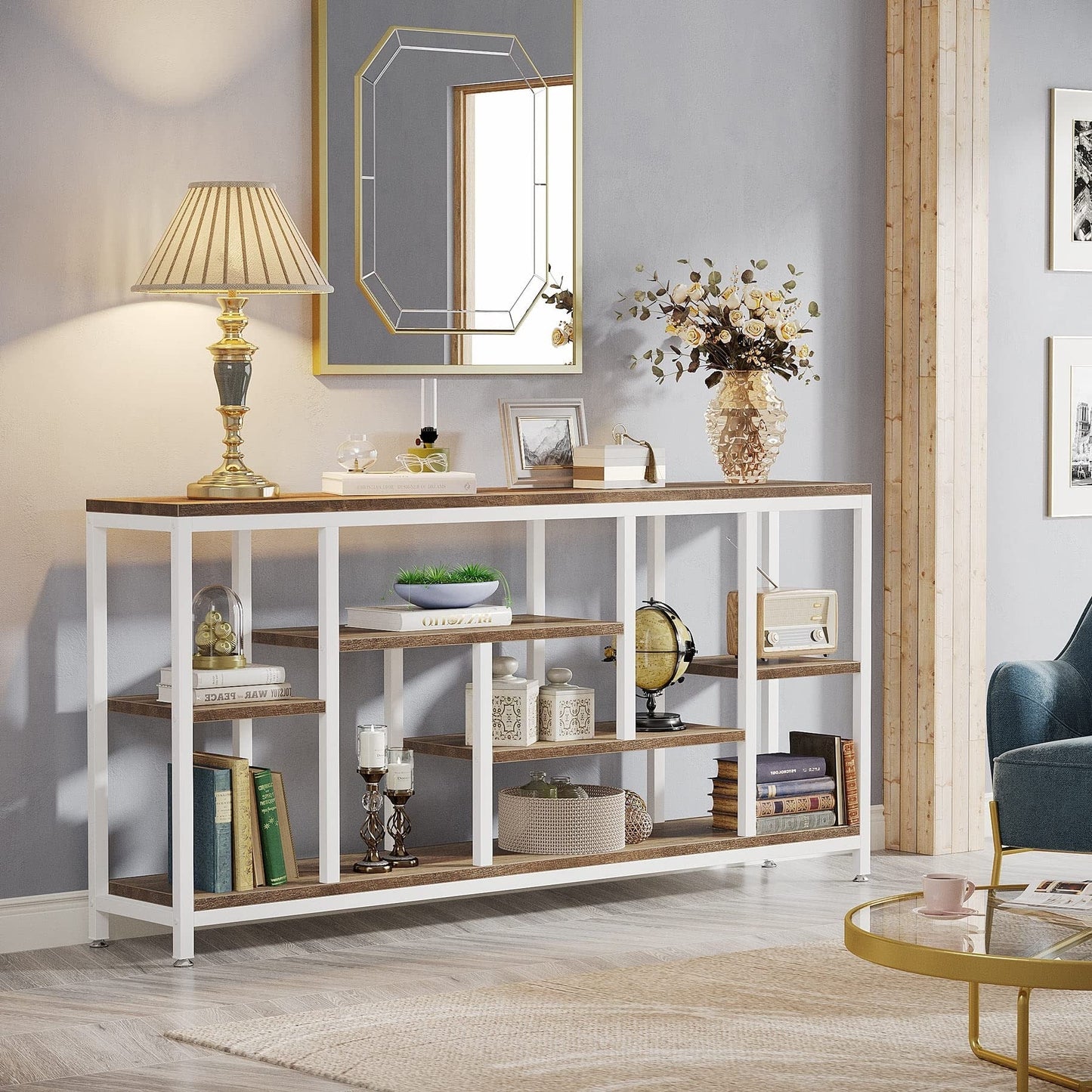Table console de 180 cm pour canapé avec rangement, table d'entrée à 3 niveaux pour couloir