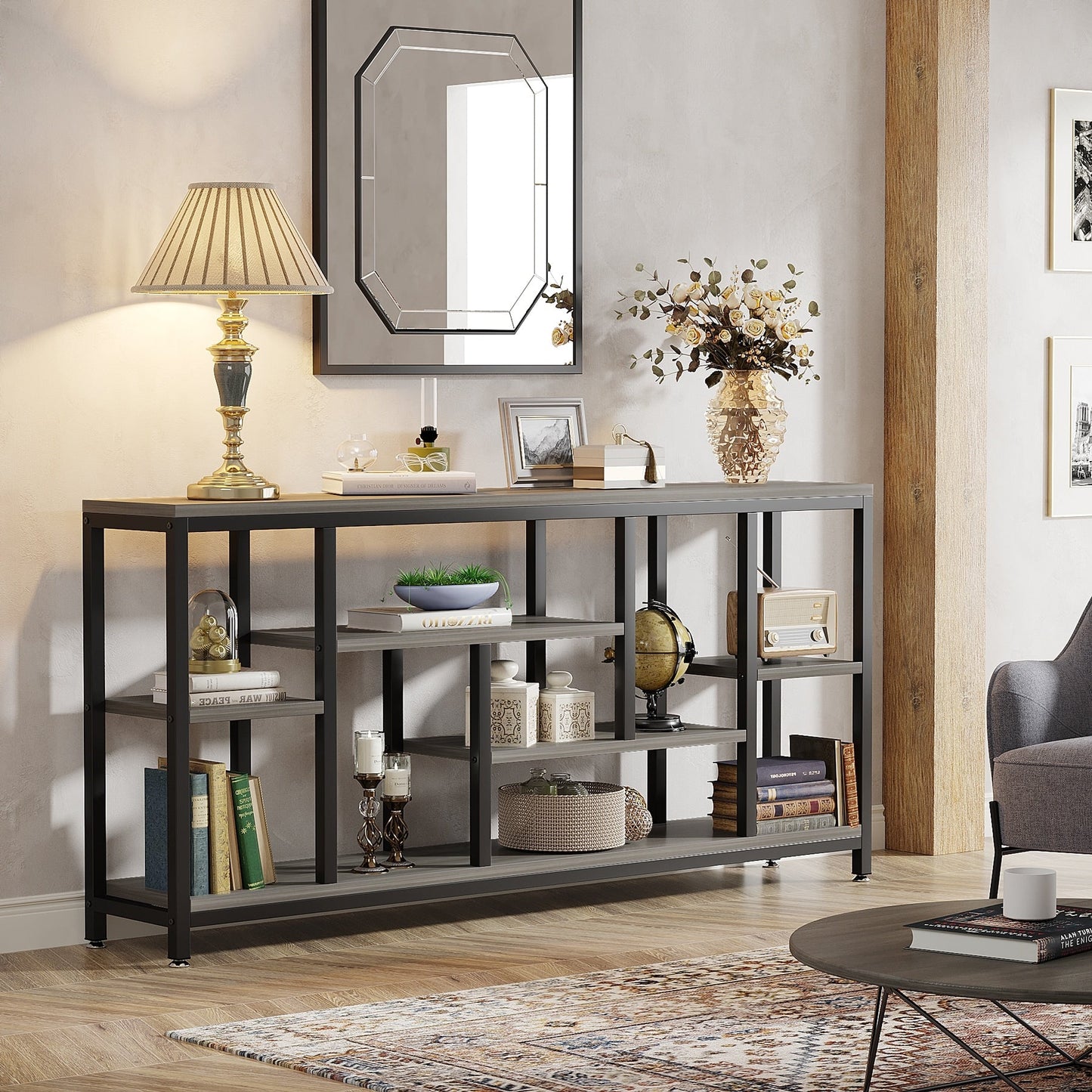 Table console de 180 cm pour canapé avec rangement, table d'entrée à 3 niveaux pour couloir