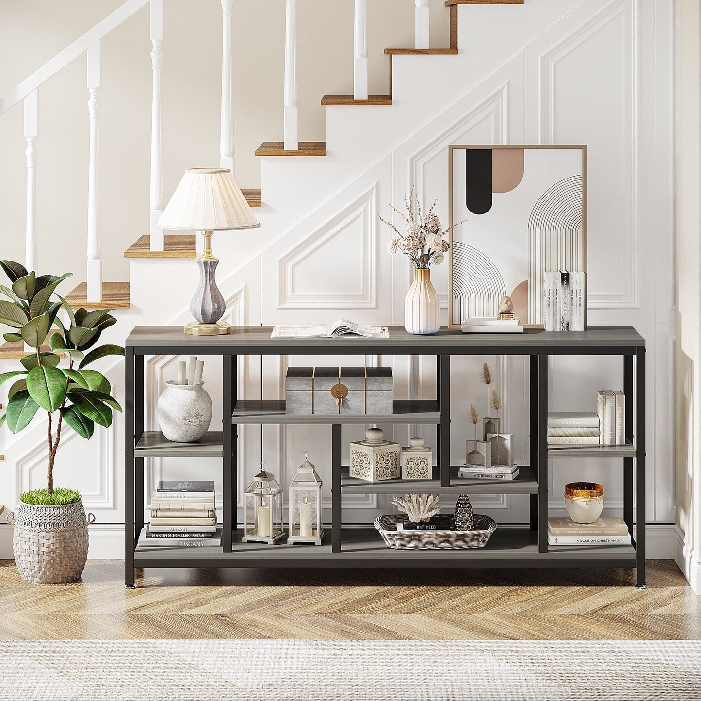 Table console de 180 cm pour canapé avec rangement, table d'entrée à 3 niveaux pour couloir