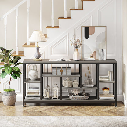 Table console de 180 cm pour canapé avec rangement, table d'entrée à 3 niveaux pour couloir