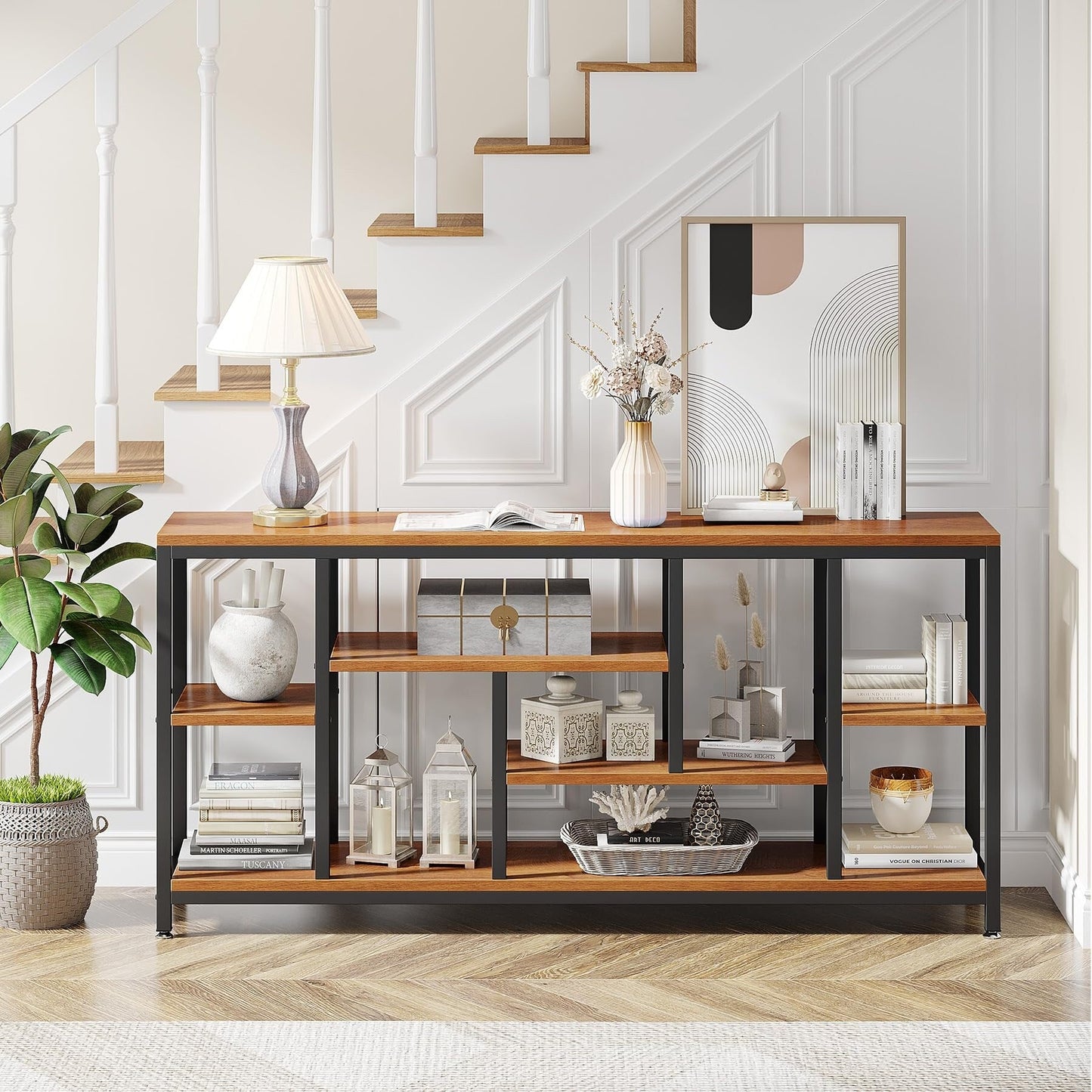 Table console de 180 cm pour canapé avec rangement, table d'entrée à 3 niveaux pour couloir