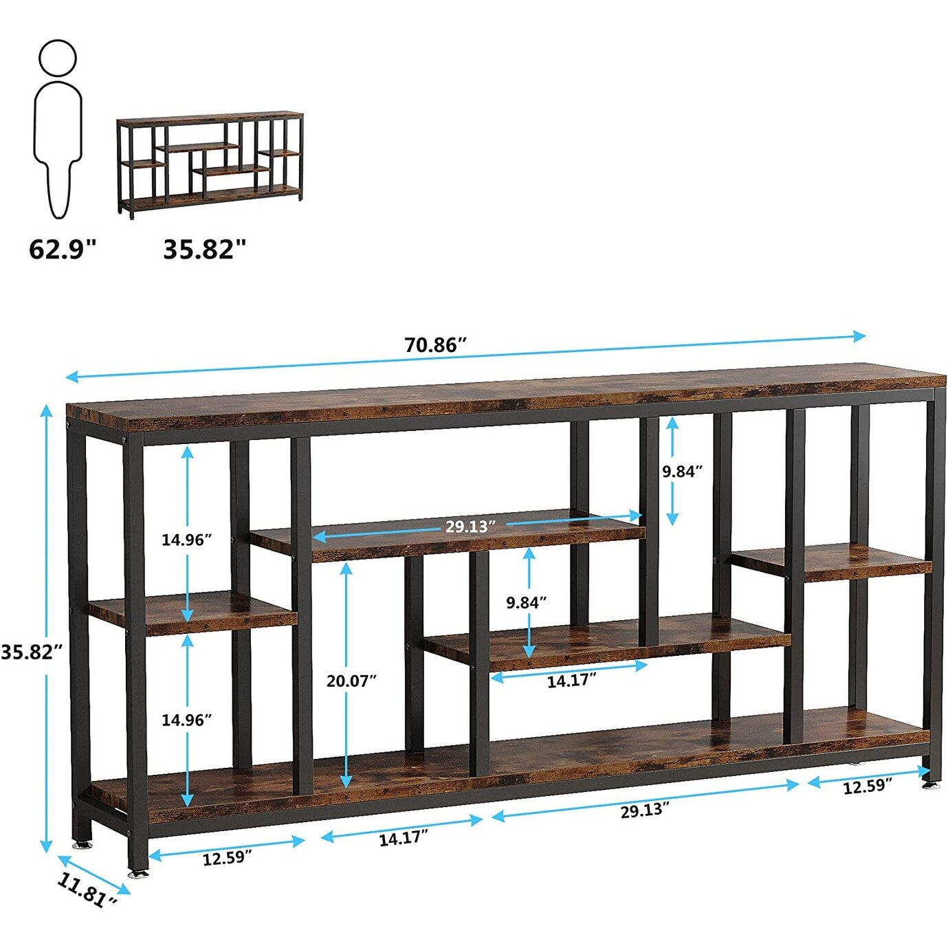 Table console de 180 cm pour canapé avec rangement, table d'entrée à 3 niveaux pour couloir