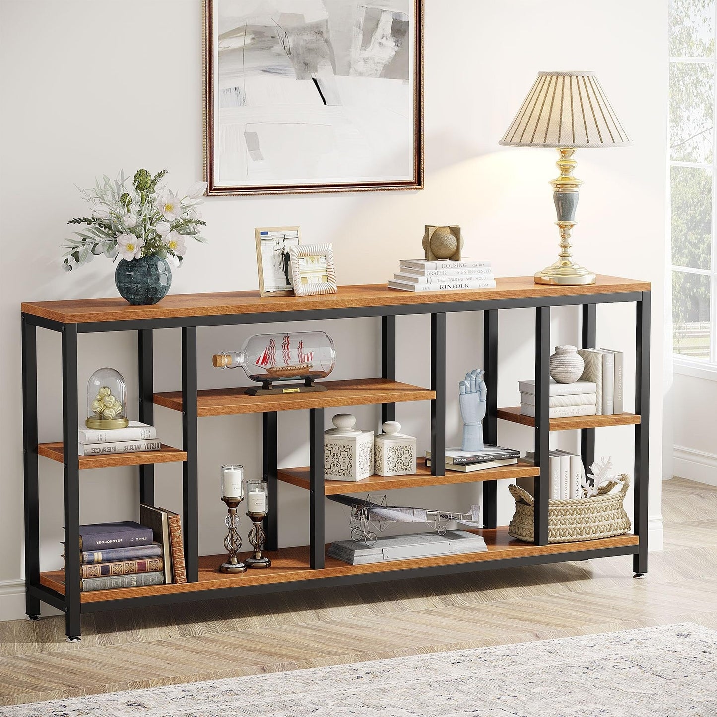 Table console de 180 cm pour canapé avec rangement, table d'entrée à 3 niveaux pour couloir