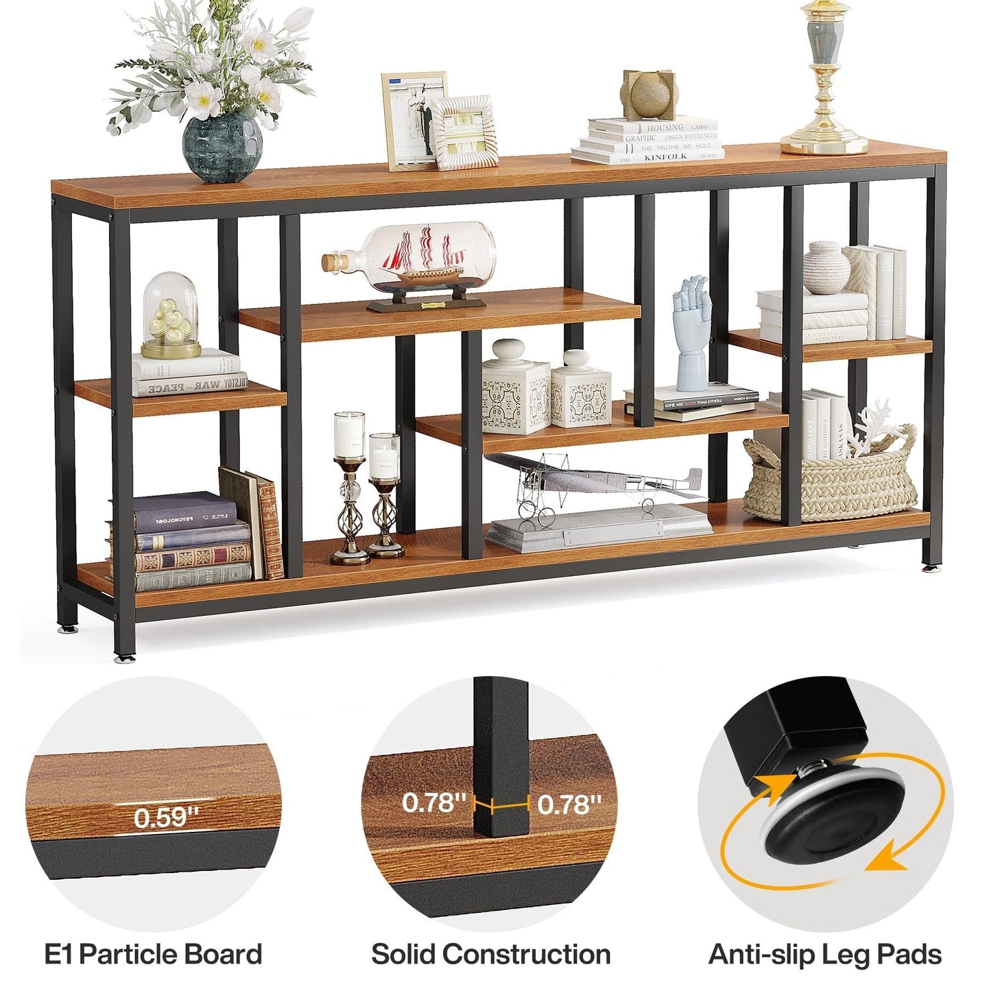 Table console de 180 cm pour canapé avec rangement, table d'entrée à 3 niveaux pour couloir