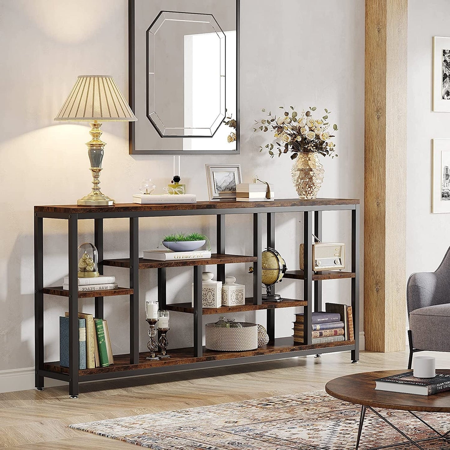 Table console de 180 cm pour canapé avec rangement, table d'entrée à 3 niveaux pour couloir