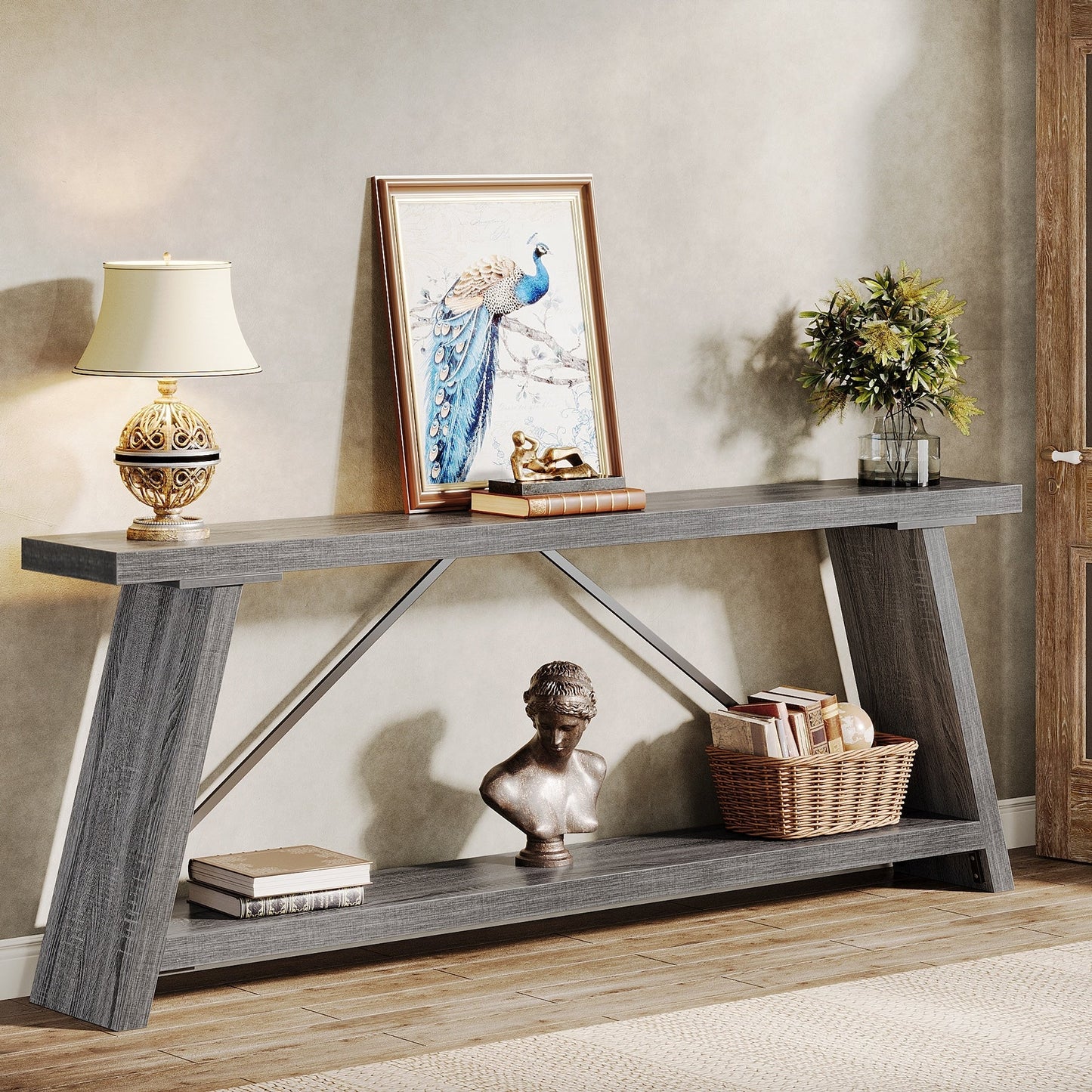 Table console de canapé en bois rustique de 180 cm de long avec étagère de rangement