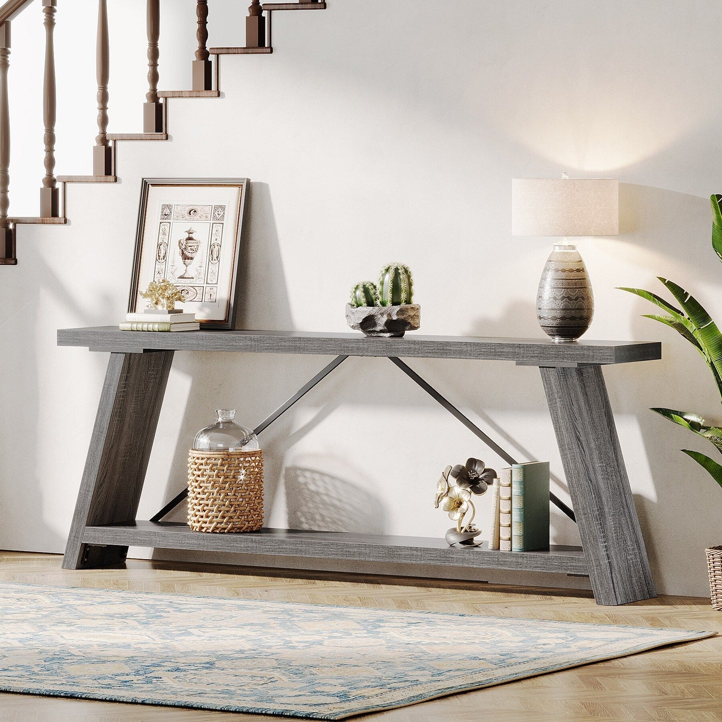 Table console de canapé en bois rustique de 180 cm de long avec étagère de rangement