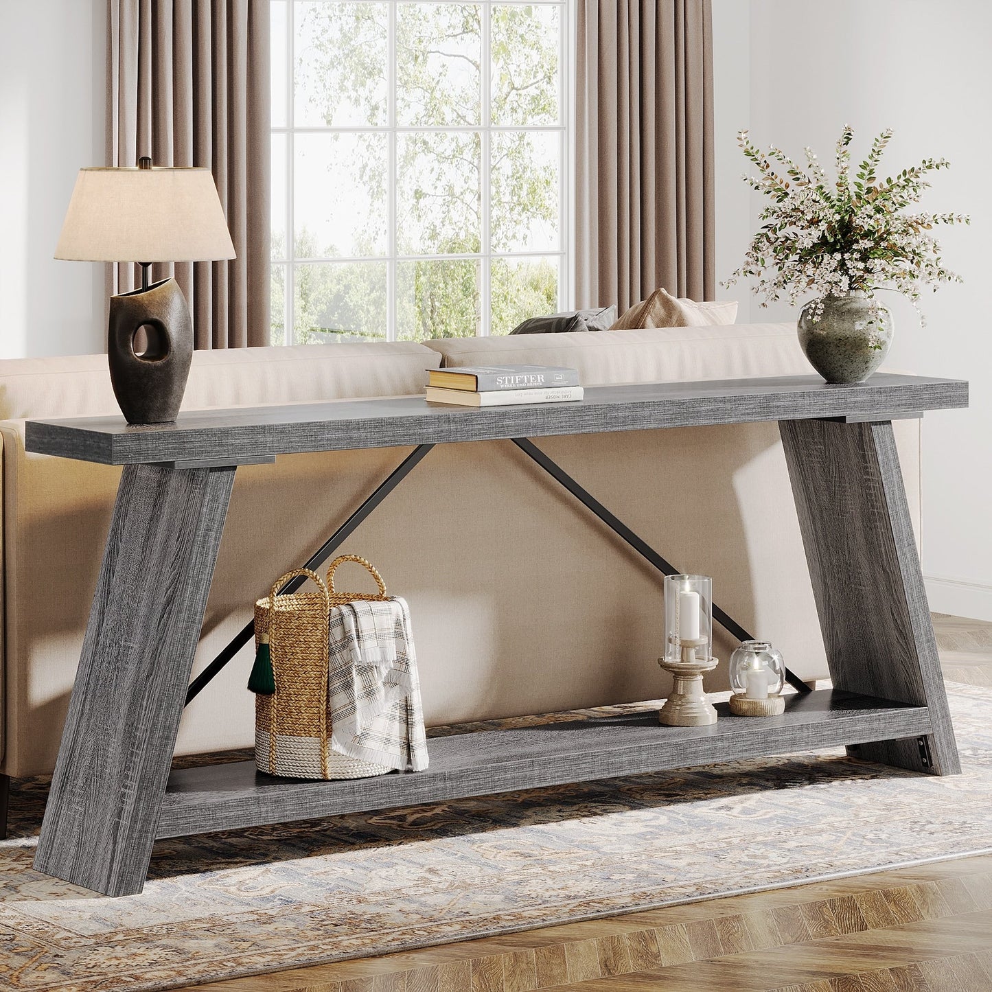 Table console de canapé en bois rustique de 180 cm de long avec étagère de rangement