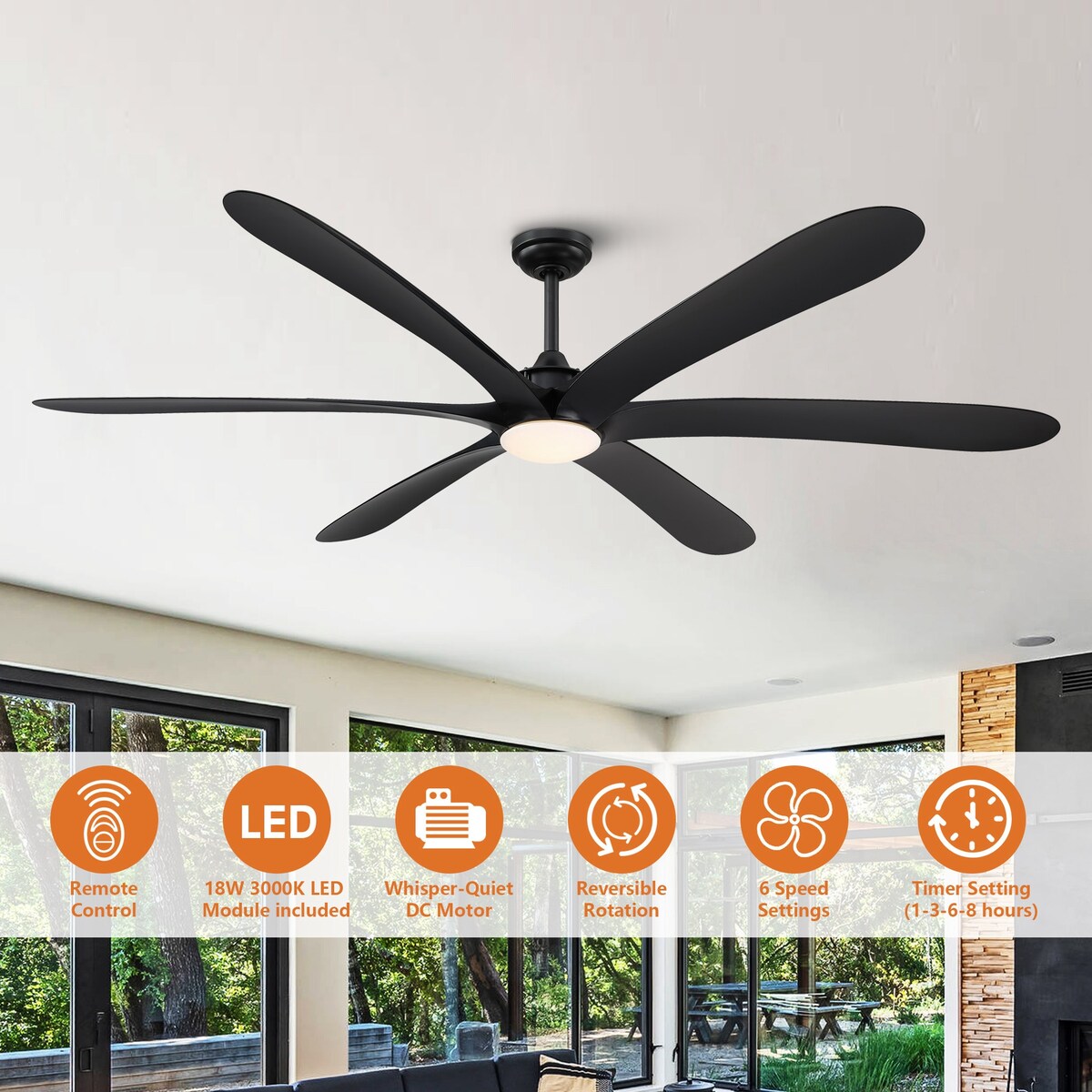Ventilateur de plafond à courant continu de 183 cm (72 pouces) à 6 pales en bois flotté avec éclairage et télécommande