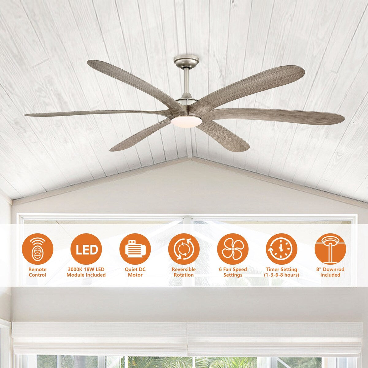 Ventilateur de plafond à courant continu de 183 cm (72 pouces) à 6 pales en bois flotté avec éclairage et télécommande