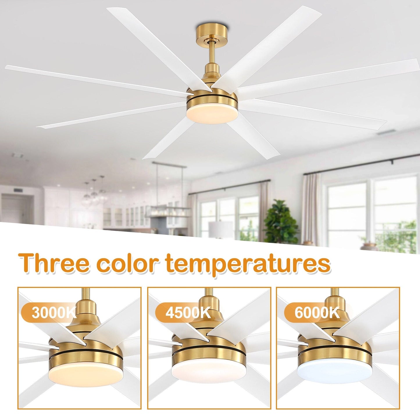 Grand ventilateur de plafond de 72 pouces avec éclairage LED, télécommande et 8 pales.