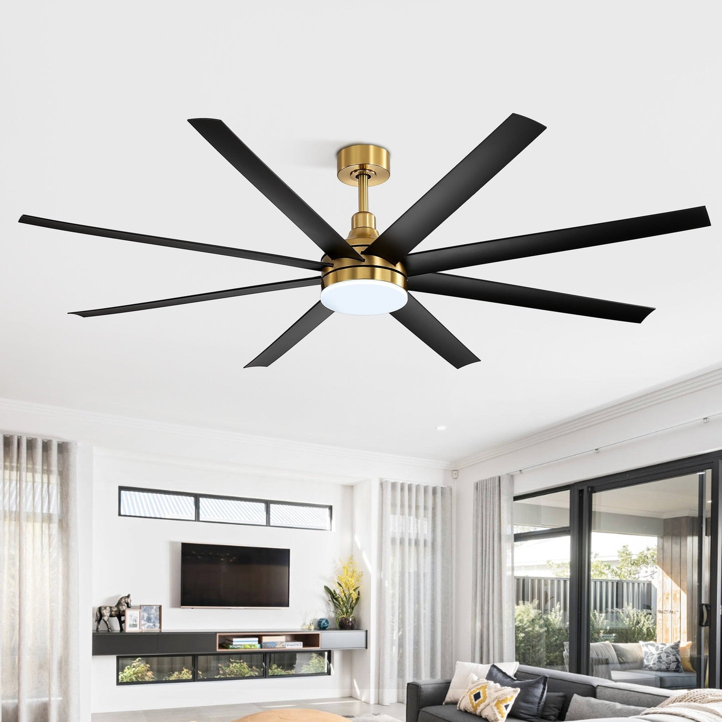Grand ventilateur de plafond de 72 pouces avec éclairage LED, télécommande et 8 pales.