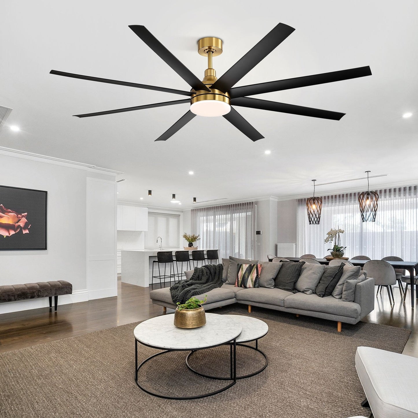 Grand ventilateur de plafond de 72 pouces avec éclairage LED, télécommande et 8 pales.