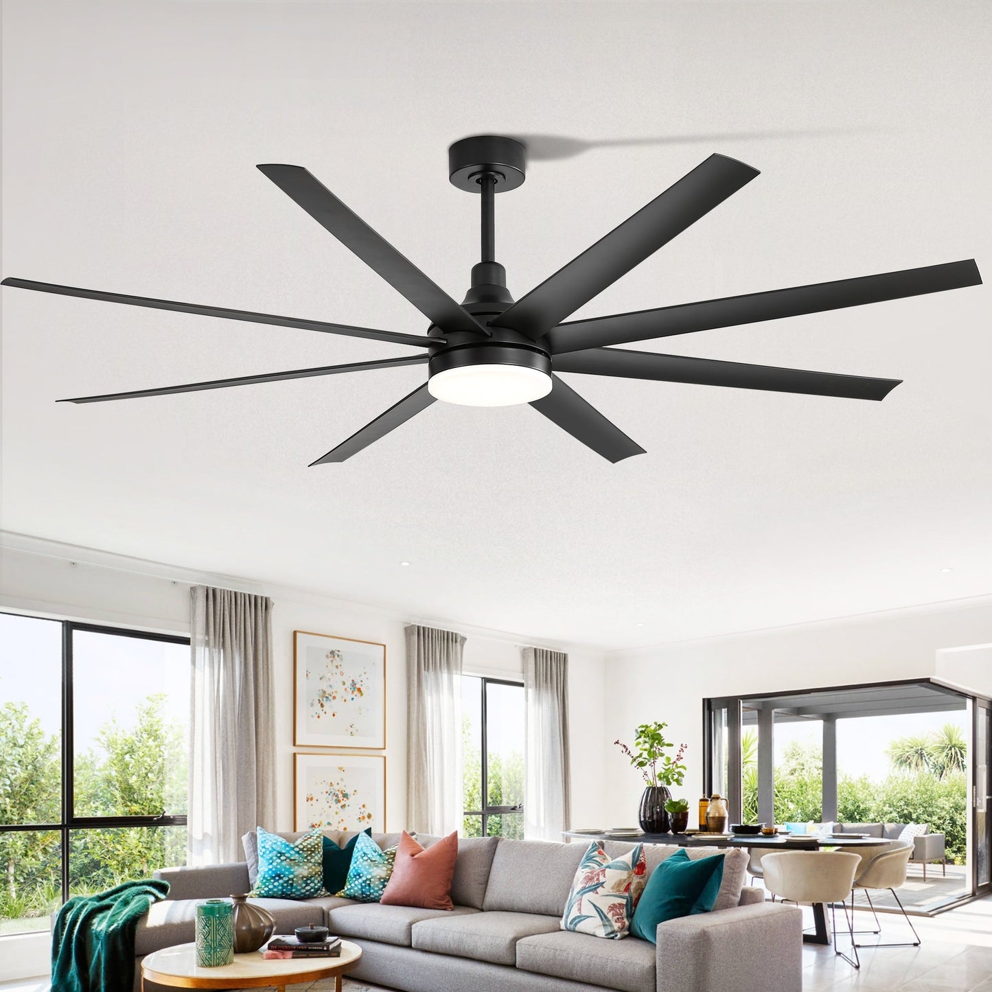 Grand ventilateur de plafond de 72 pouces avec éclairage LED, télécommande et 8 pales.