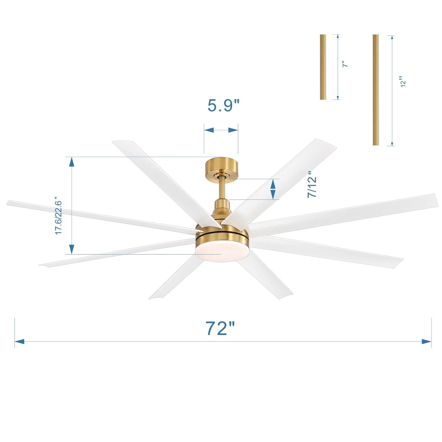 Grand ventilateur de plafond de 72 pouces avec éclairage LED, télécommande et 8 pales.