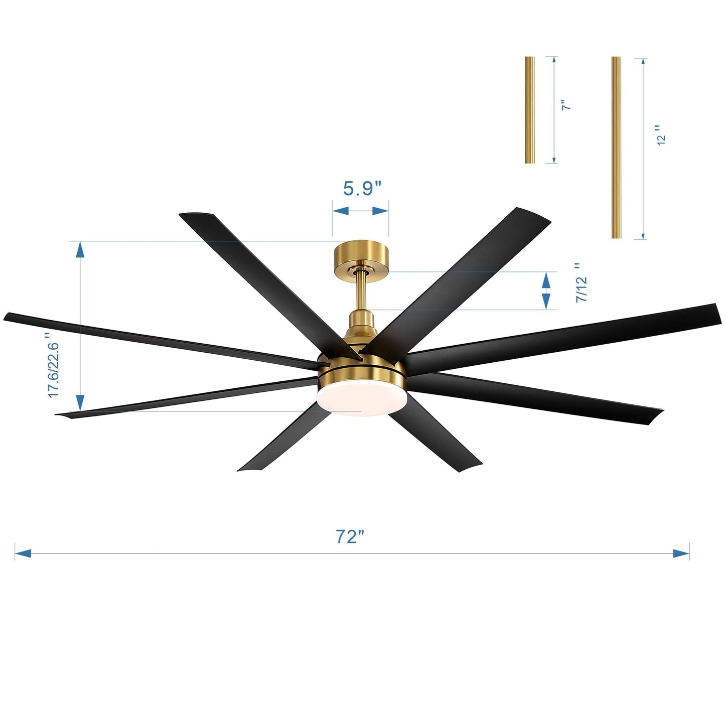 Grand ventilateur de plafond de 72 pouces avec éclairage LED, télécommande et 8 pales.