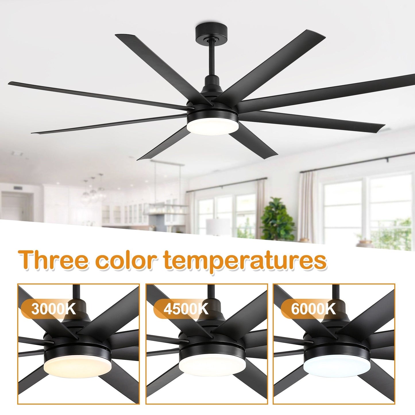 Grand ventilateur de plafond de 72 pouces avec éclairage LED, télécommande et 8 pales.