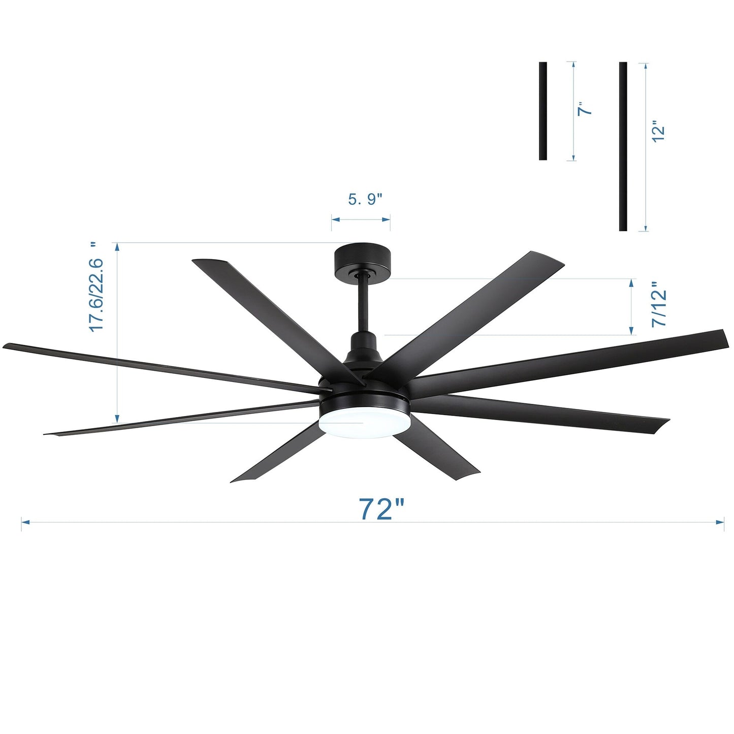 Grand ventilateur de plafond de 72 pouces avec éclairage LED, télécommande et 8 pales.