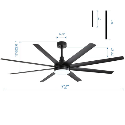Grand ventilateur de plafond de 72 pouces avec éclairage LED, télécommande et 8 pales.