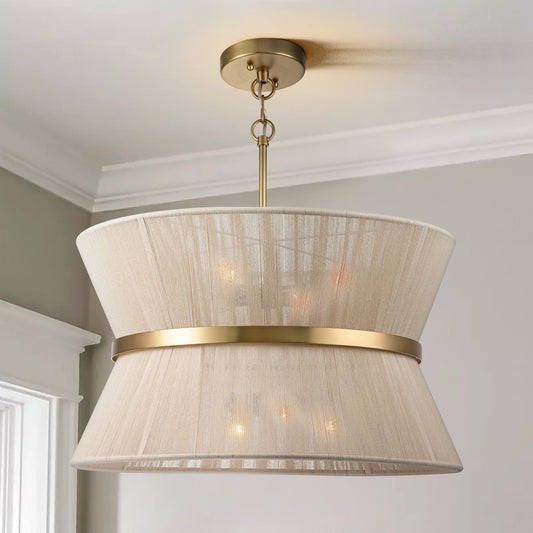 Grand lustre tambour bohème moderne à 8 lumières, 60 cm (24 pouces), en tissu, en forme de sablier, tissé à la main, en or/noir, pour salle à manger/salon.