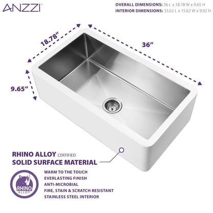 ANZZI Apollo Évier de cuisine de style farmhouse en surface solide blanche mate, 36 po, à simple cuve avec intérieur en acier inoxydable