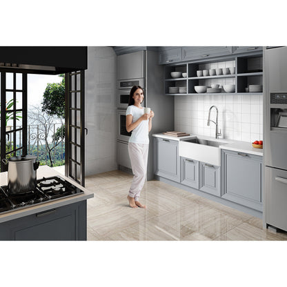 ANZZI Apollo Évier de cuisine de style farmhouse en surface solide blanche mate, 36 po, à simple cuve avec intérieur en acier inoxydable