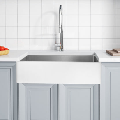 ANZZI Apollo Évier de cuisine de style farmhouse en surface solide blanche mate, 36 po, à simple cuve avec intérieur en acier inoxydable