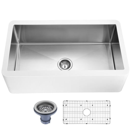 ANZZI Apollo Évier de cuisine de style farmhouse en surface solide blanche mate, 36 po, à simple cuve avec intérieur en acier inoxydable