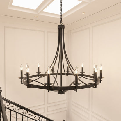 Luminaire à suspension Fidenza à 12 lumières, style ferme moderne, en forme de roue de charrette, avec certification UL - D40'' * H135''