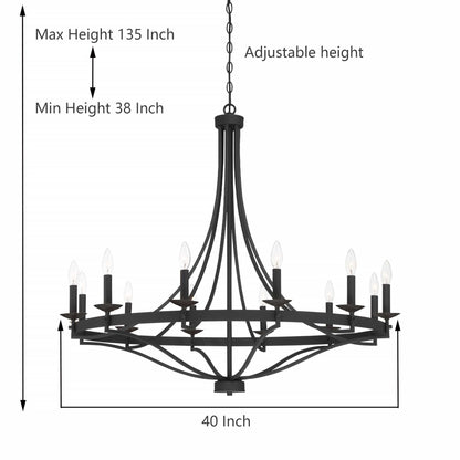 Luminaire à suspension Fidenza à 12 lumières, style ferme moderne, en forme de roue de charrette, avec certification UL - D40'' * H135''